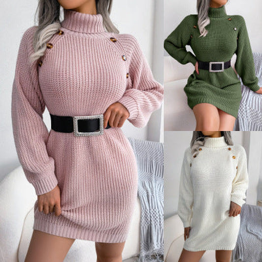 Winter Turtleneck Long Sweater Dress with Button Design Leisure Clinch Long Sleeve Base Sweater Women