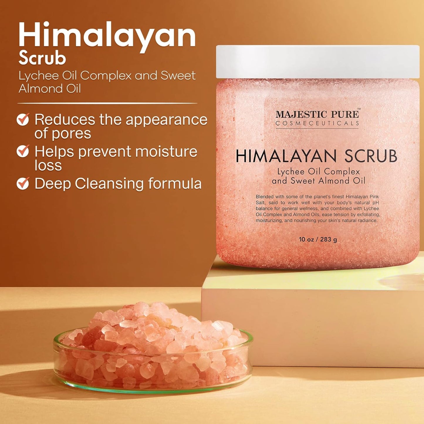 MAJESTIC PURE Himalayan Salt Body Scrub with Lychee Oil, Exfoliating Salt Scrub to Exfoliate & Moisturize Skin, Deep Cleansing - 10 oz